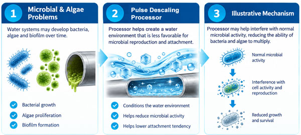 microbial growth control by pulse descaling processor